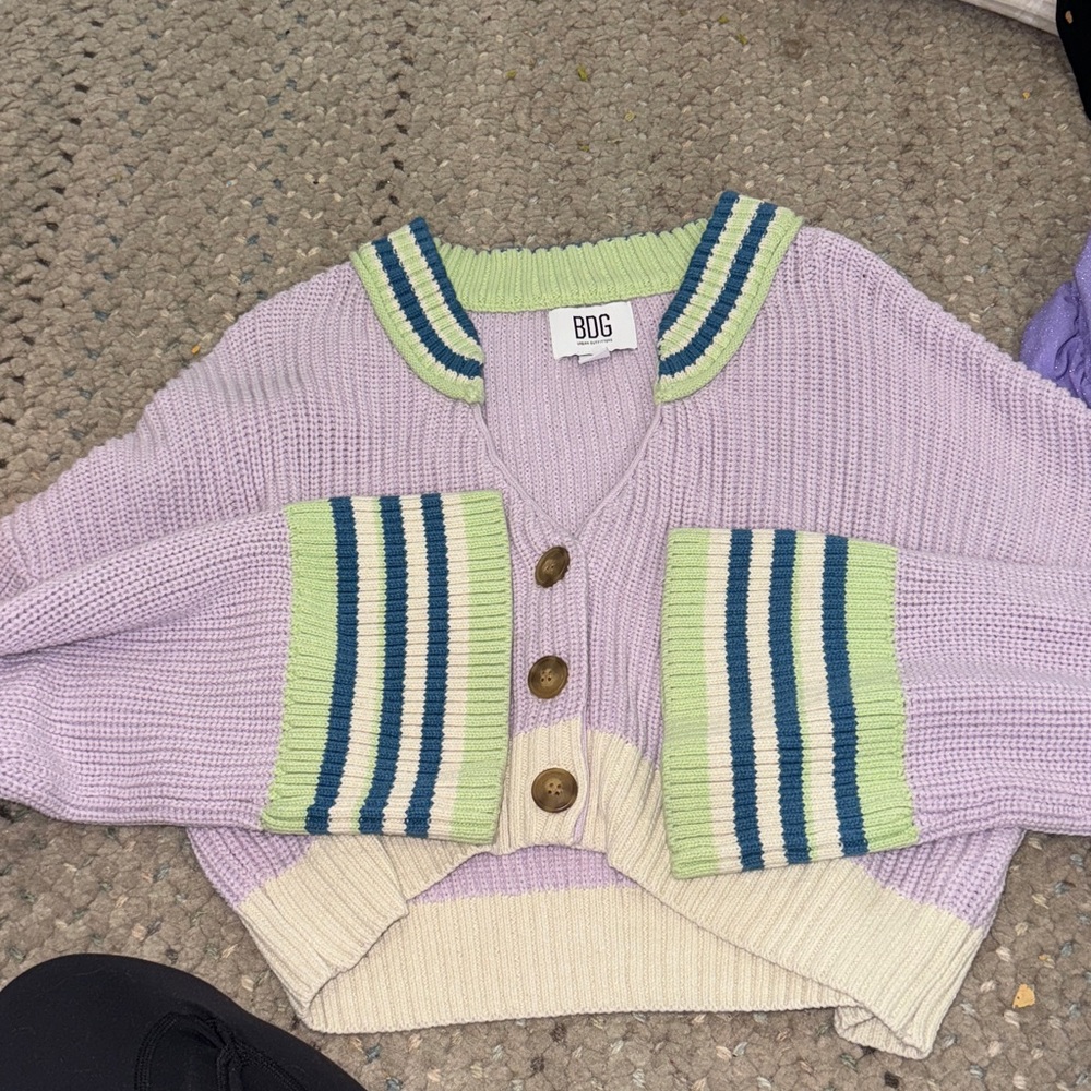 BDG Lilac Knit Cropped Cardigan with Green and Blue Trim